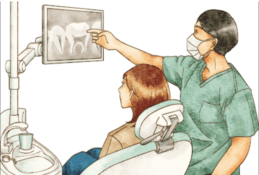 Dentist pointing at dental X-ray while patient sits in dental chair